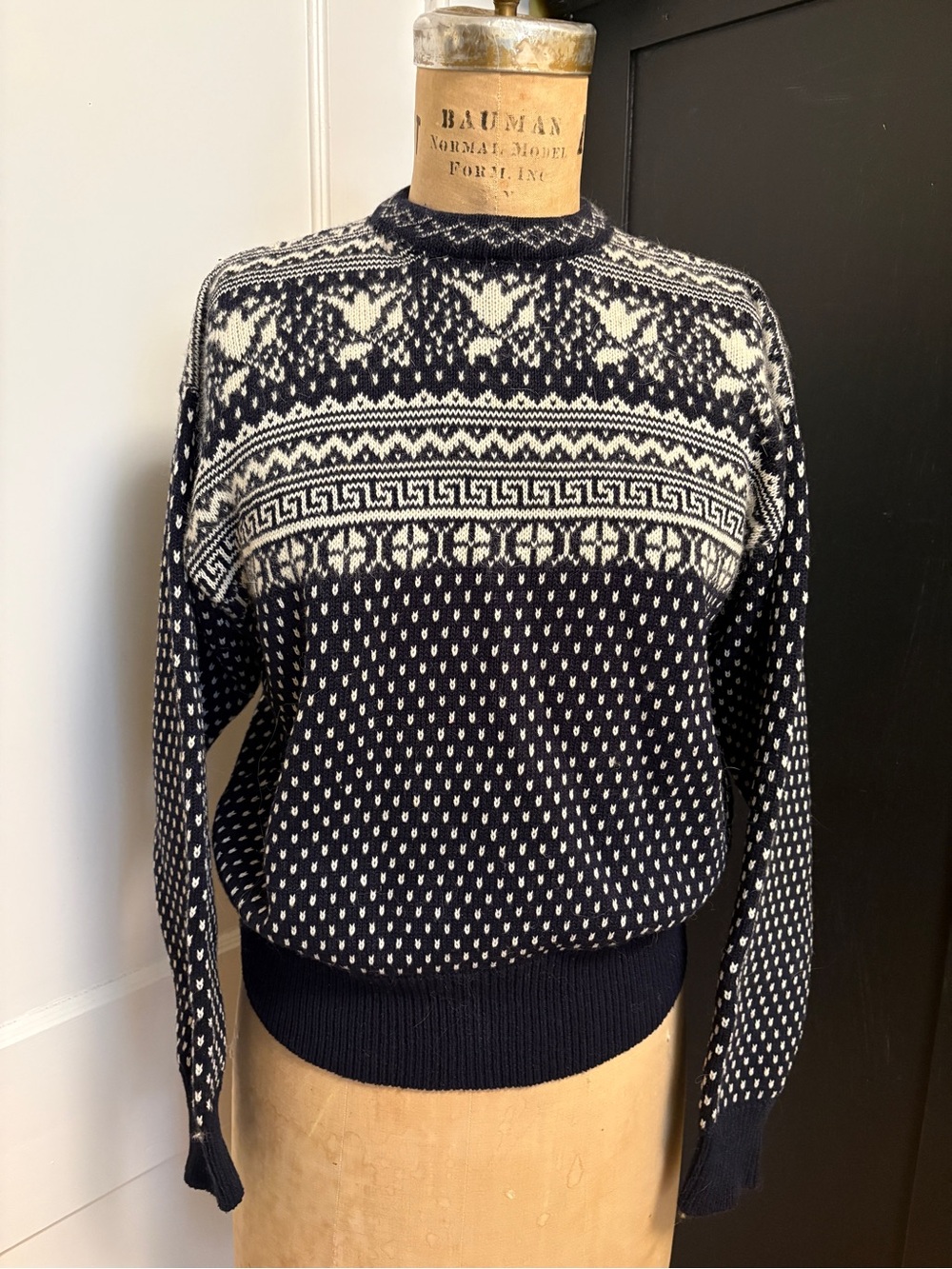 Navy and White Nordic Pattern Crewneck Sweater